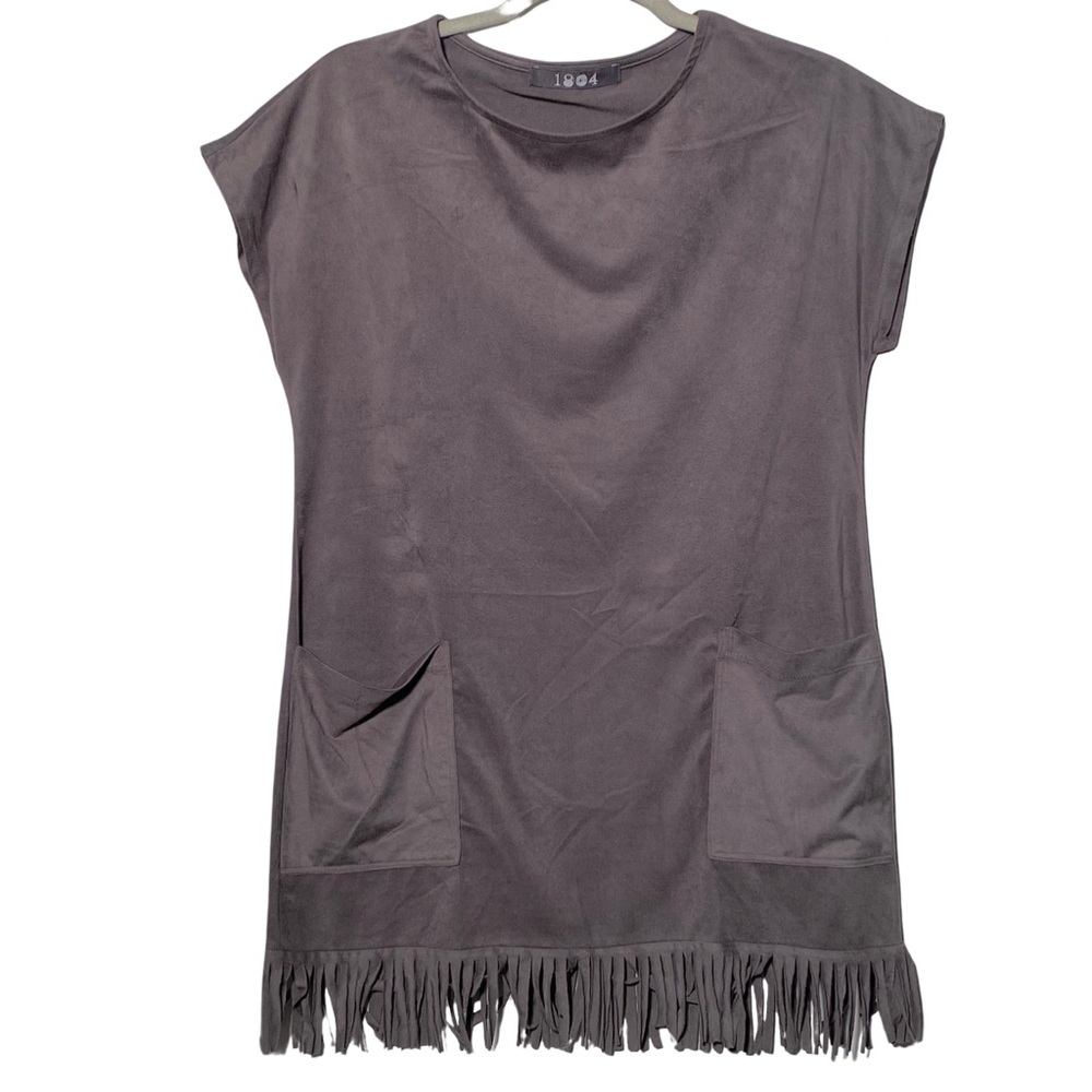 Coin 1804, Gray Faux Micro Suede, Sleeveless Mini Dress Fringe Hem, Size S